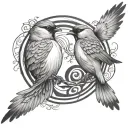 2 sparrows in the shape of ying and yang flying in a circular movement. No added details, just 2 birds. tattoo design idea