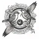 2 sparrows in the shape of ying and yang flying in a circular movement. No added details, just 2 birds. tattoo design idea