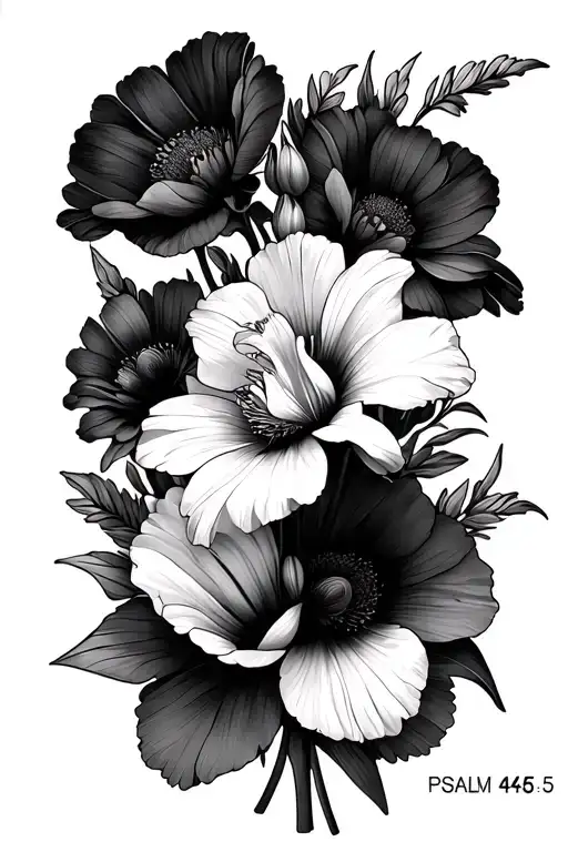 "PSALM 46:5 " Gladiolus, poppy, and chrysanthemum flowers intertwined with text tattoo design idea