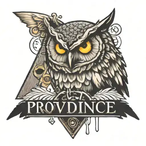 an owl watch over the eye of providence with the caption providence in bold with a dripping ink effect tattoo design idea