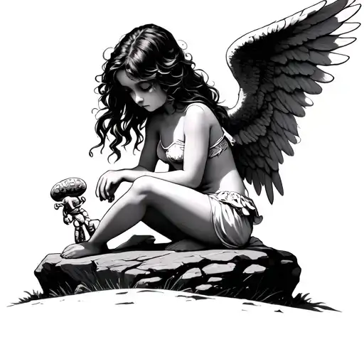 Teenage femal angel sitting on rock head down playing with a small toy rattle tattoo design idea