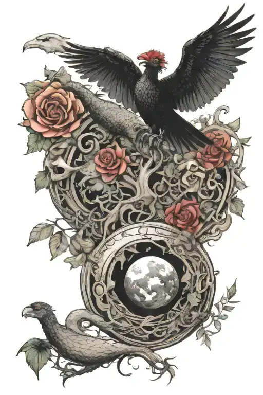 pyramideyeball,,dragon coil,roses,big tree of life,waterfall,moon,whale,nasty,crow, snakes,earth,mushrooms,marijuana  tattoo design idea