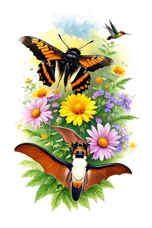 bumblebee, moth, swallowtail butterfly, brown bat, click beetle, & hummingbird with wildflowers in background tattoo design idea