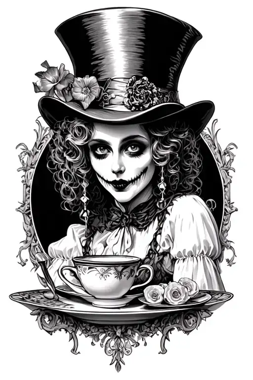 creepy gothic mad hatter tea party portrait tattoo design idea