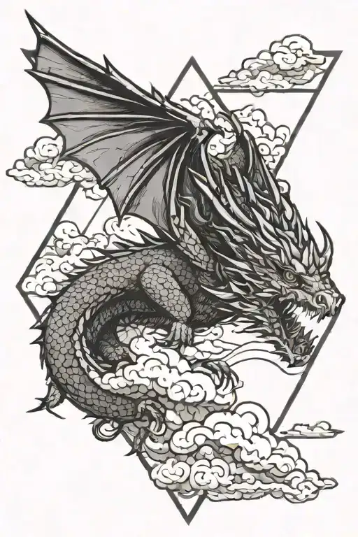 a symmetrical dragon flying through clouds on top of a linework triangle. The dragon is shown from birds eye view  tattoo design idea