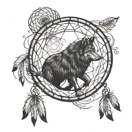 shadow of wolf howling at the moon that looks like a dream catcher inside a paw print tattoo design idea