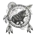 shadow of wolf howling at the moon that looks like a dream catcher inside a paw print tattoo design idea