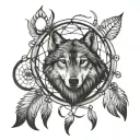 shadow of wolf howling at the moon that looks like a dream catcher inside a paw print tattoo design idea
