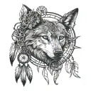 shadow of wolf howling at the moon that looks like a dream catcher inside a paw print tattoo design idea