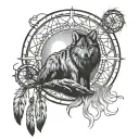 shadow of wolf howling at the moon that looks like a dream catcher inside a paw print tattoo design idea