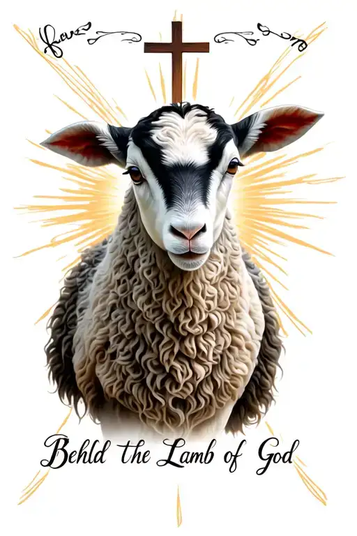 A lamb with a radiant cross behind it. The phrase “Behold the Lamb of God” can arc above or below. tattoo design idea