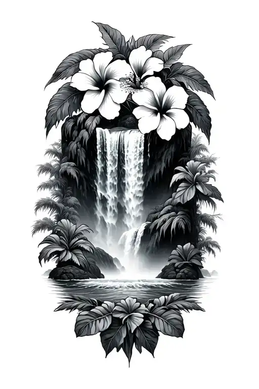 hawaiin waterfall, hibiscus flowers tattoo design idea