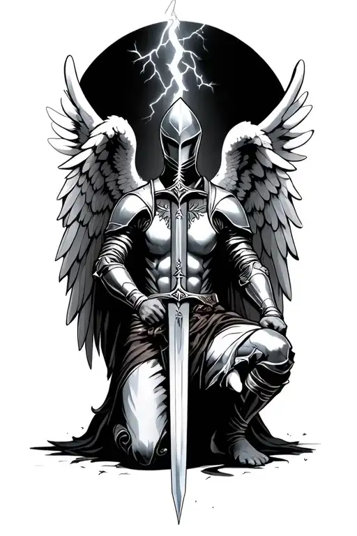 knight kneeling with sword and angel wings lightning  tattoo design idea