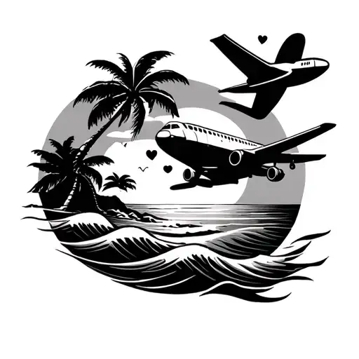 sun beach waves Pam tree airplane flying over with a heart incorporated  tattoo design idea