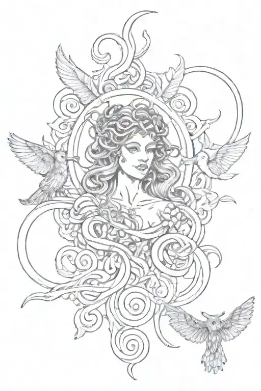 medusa with white eyes, snake slithering, owl griffin, lunar moth, and celestial elements tattoo design idea
