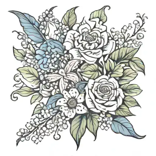 morning glory, chrysanthemum, Lilly of the valley, rose bouquet  tattoo design idea