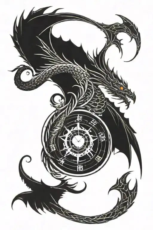 A dragon and phoenix intertwined in a yin-yang pattern, with a compass rose in the background, symbolizing balance and direction in life tattoo design idea