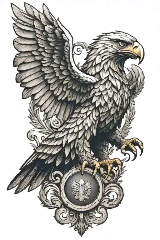 An immersive and majestic work of art representing a stylized scale in the shape of an imperial eagle tattoo design idea