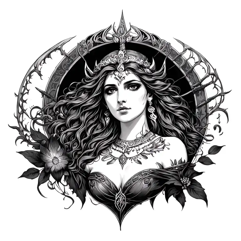 I need a tattoo which shows that I am devotee of goddess of Hecate Lilith kali Aphrodite and Freya it should dark femine tattoo design idea