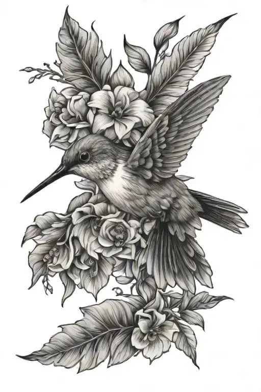 Flowers, humming bird, leaves tattoo design idea
