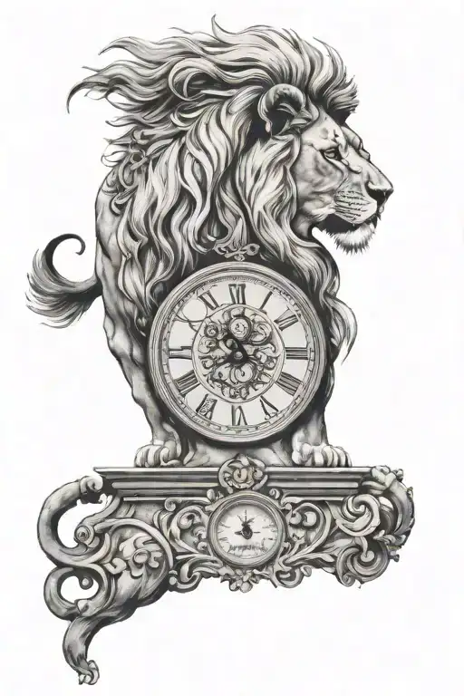 lion with savannah background and roman clock with a flecha dividing it tattoo design idea