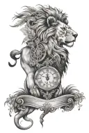 lion with savannah background and roman clock with a flecha dividing it tattoo design idea