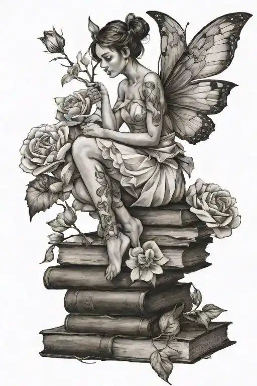 female fairy sitting on books growing as flowers tattoo design idea