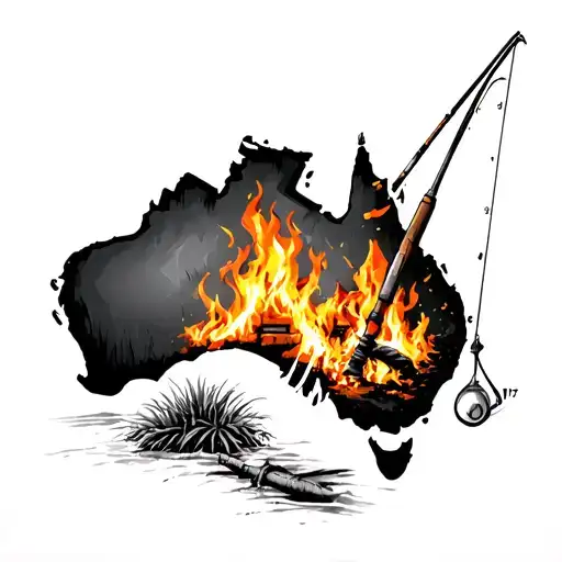 camp fire, map of australia, fishing rod casting a line, 4x4 tattoo design idea