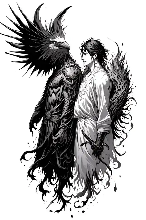 guts and griffith from beserk fading into jin-woo and igris the bloodred tattoo design idea