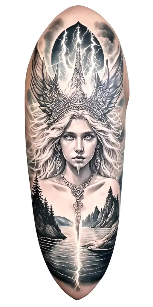 freya goddes of love and lightining storm and fjord and nature tattoo design idea