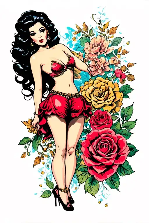 pin up standing nice butt black hair tattoo design idea