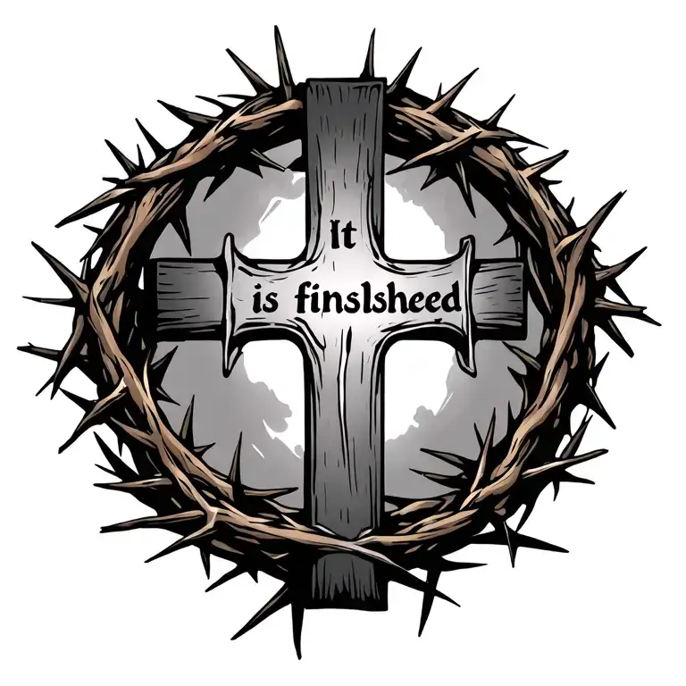 The cross, with the crown of thorns behind it, and the words it is finished vertical inside the cross. tattoo design idea