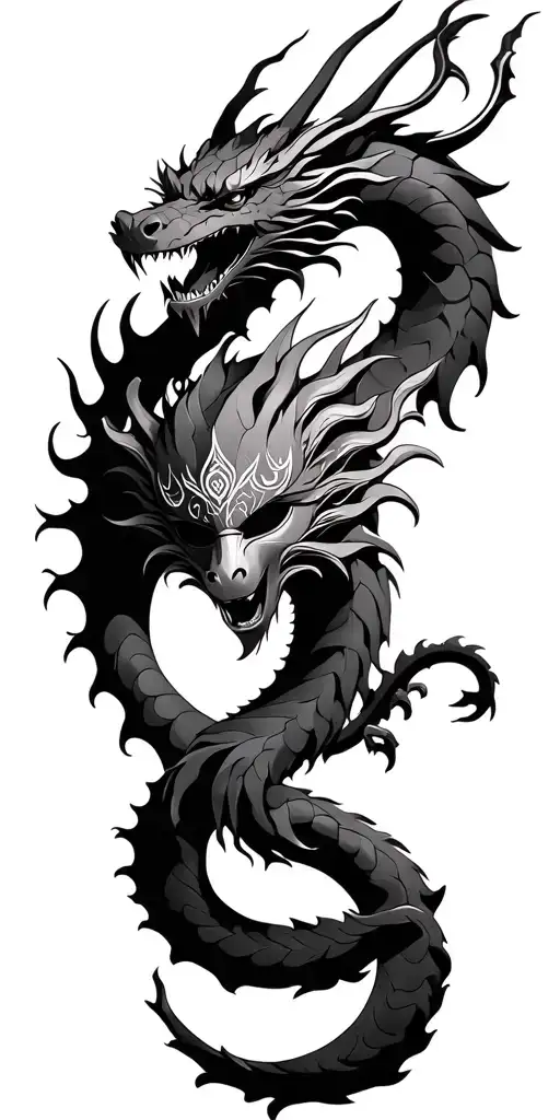 hanya mask surrounded by dragon with libra zodiac sign tattoo design idea