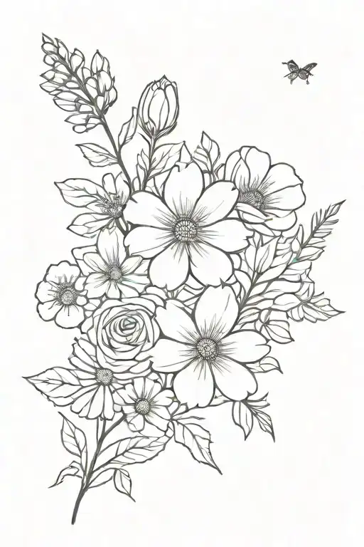minimalist, roses, honeysuckle, daisies, sweet pea, marigold, cosmos tattoo design idea
