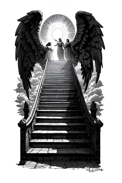 stairway to heaven walking up stairs angels sun rays clouds heaven gate at the top of the stairs  tattoo design idea