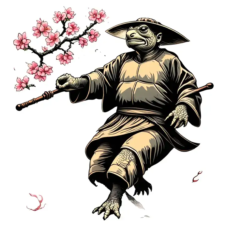 tortoise elderly kung fu turtle with staff at peach tree blossoms blowing away scene in mountain pass tattoo design idea