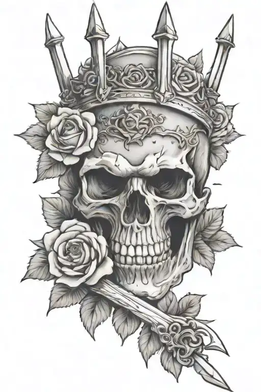 sword stabbing skull, wearing a viking crown, surrounded by roses tattoo design idea