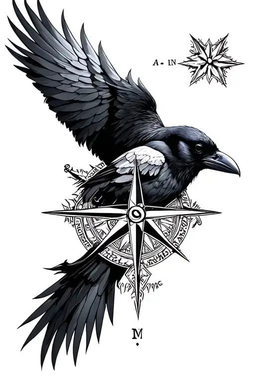 Raven and a nordic compass rose intertwined tattoo design idea