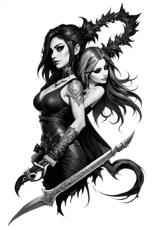 Jinx and Vi from arcane league of legends sleeve tattoo design idea