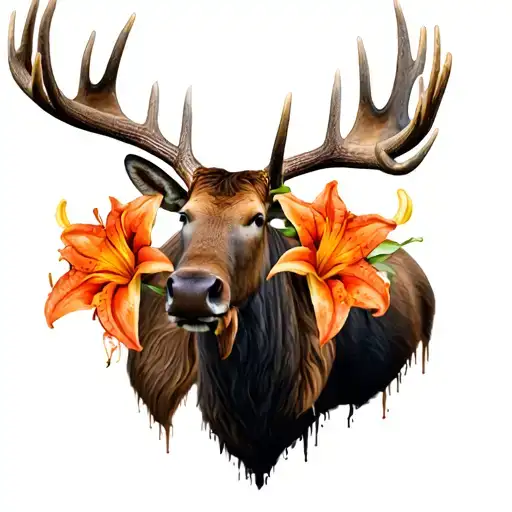 moose antlers wrapped in orange lilys tattoo design idea