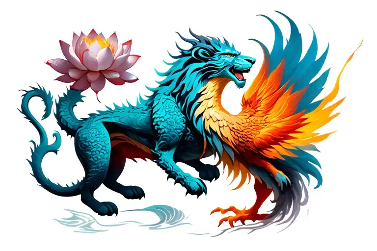 lotus flower lion dragon and phoenix rising from the ashes tattoo design idea