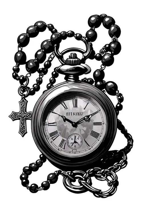 Pocket watch with the time 11:45 a rosary with a decorated cross tattoo design idea