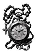 Pocket watch with the time 11:45 a rosary with a decorated cross tattoo design idea