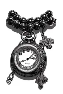 Pocket watch with the time 11:45 a rosary with a decorated cross tattoo design idea