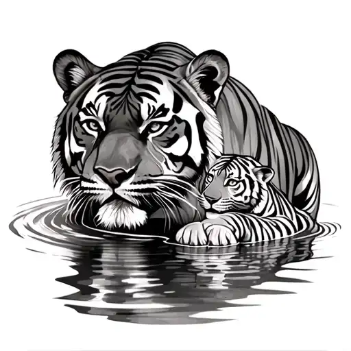 tiger with cub and water tattoo design idea