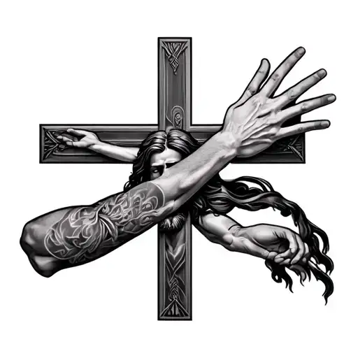 full arm sleeve jesus and a cross tattoo design idea