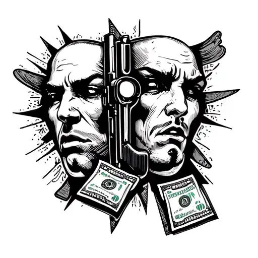 faces with gun and money with hate it or love it words tattoo design idea