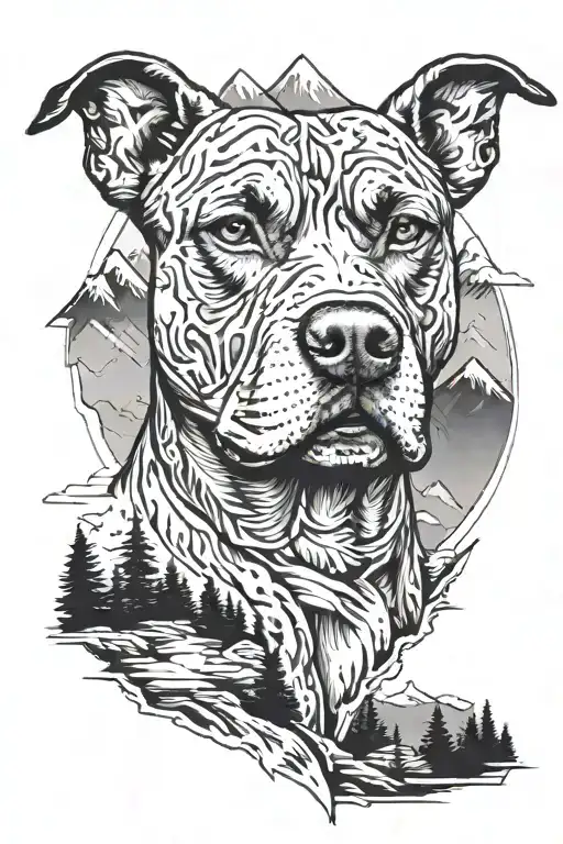 light looking pitbull dog with background of trees and mountains  tattoo design idea