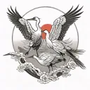 2 japanese cranes flying with red sun circling tattoo design idea