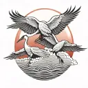 2 japanese cranes flying with red sun circling tattoo design idea